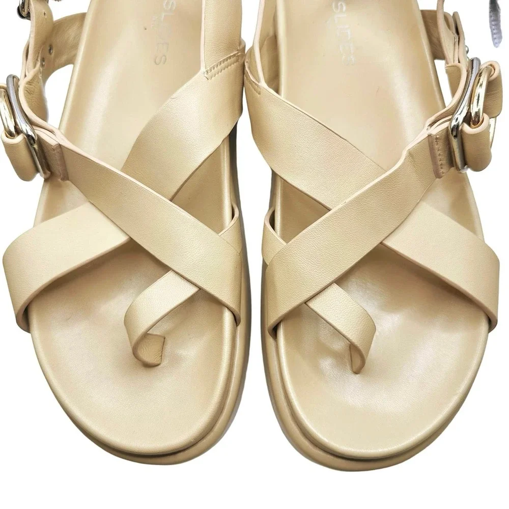J/Slides | Women | Solara Sand Neutral Leather Platform Toe Ring Sandals | 9